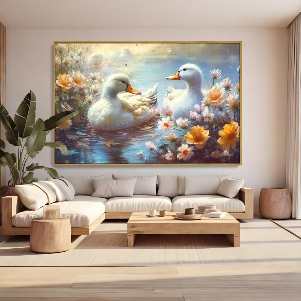 Tablou canvas cu tablou canvas cu rate pe lac, in rama de aluminiu auriu, pe perete intr-un living